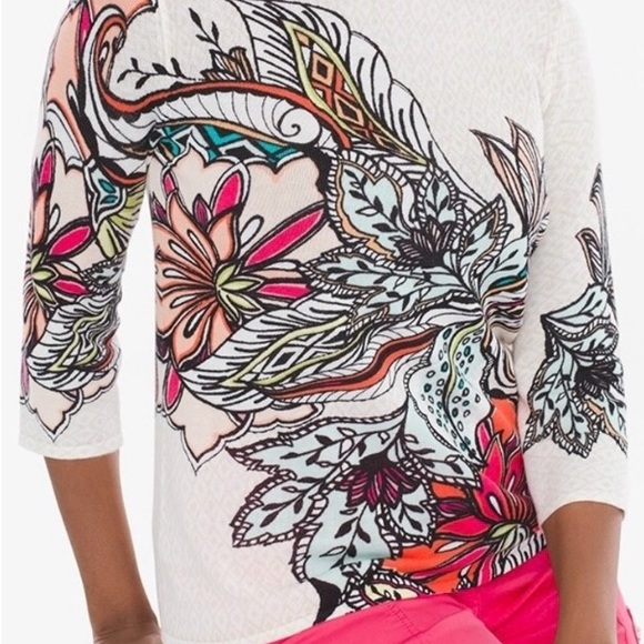 Chico's Sweaters - 🌺 Chico's Cream Colorful Floral 3/4 Sleeves Pullover Lightweight Sweater Size: M